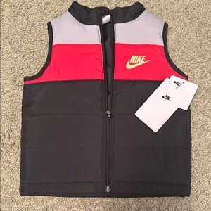 Nike Black and Red Vest with Padded Design and Full-Length Zipper